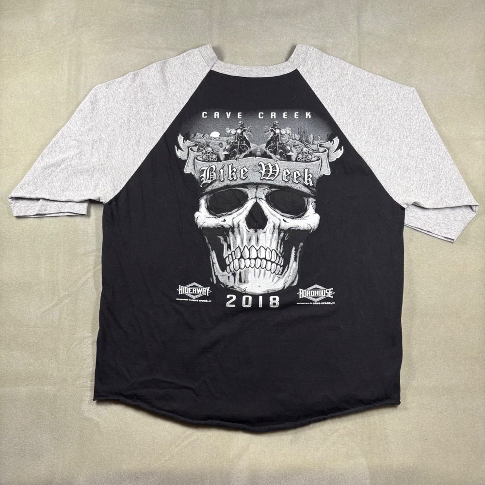 Cave Creek Bike Week 2018 Skull Graphic Raglan Shirt Black Grey Raw Hem Mens XL